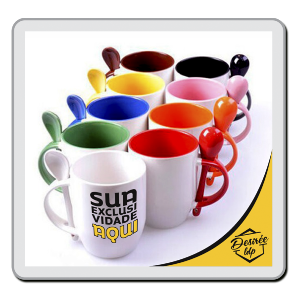 Caneca com Alça e Interior Colorido Com Colher